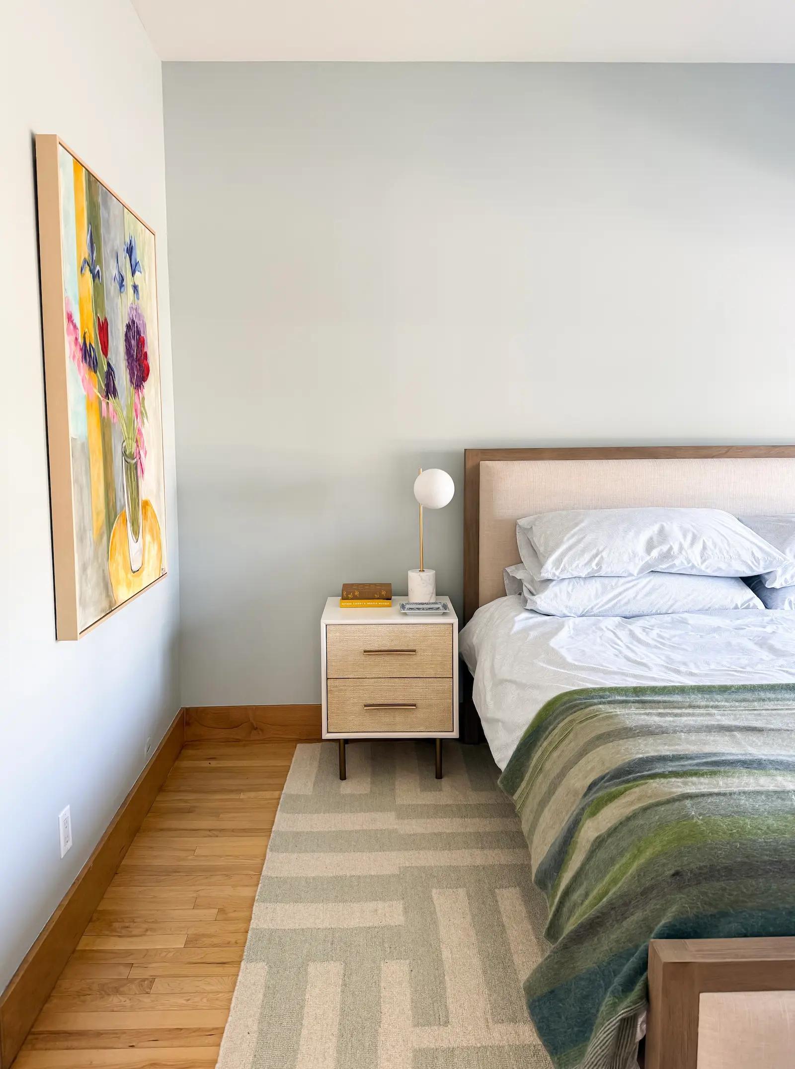 blue bedroom with painting