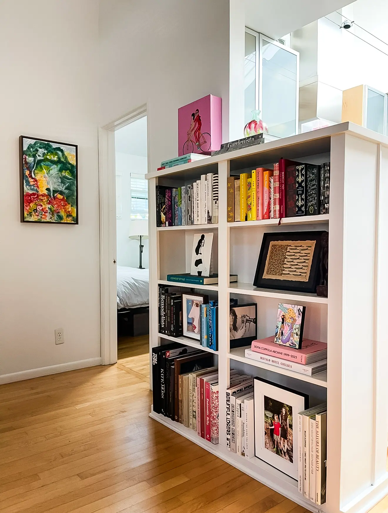 bookcase with art and books