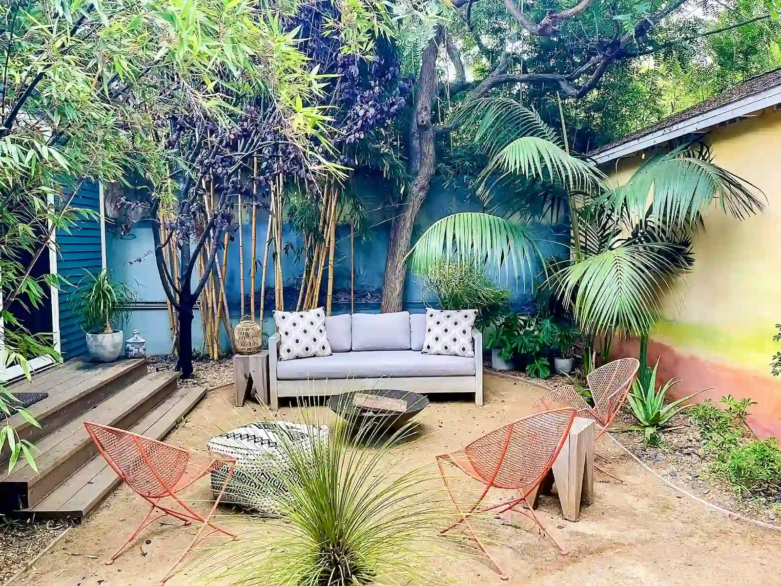 backyard furniture and plants